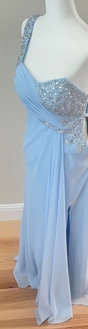 JJ's House 6 prom gown 1-shoulder chiffon beading sequin split sky blue cut-out - Picture 15 of 16